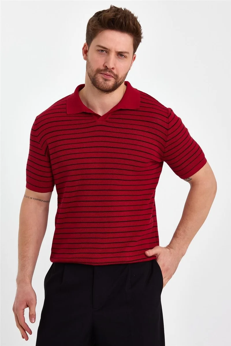 Cool Tarz Cool Style Claret Red Men's Polo Collar Striped Knitwear T-SHIRT-TRZ19124R04S