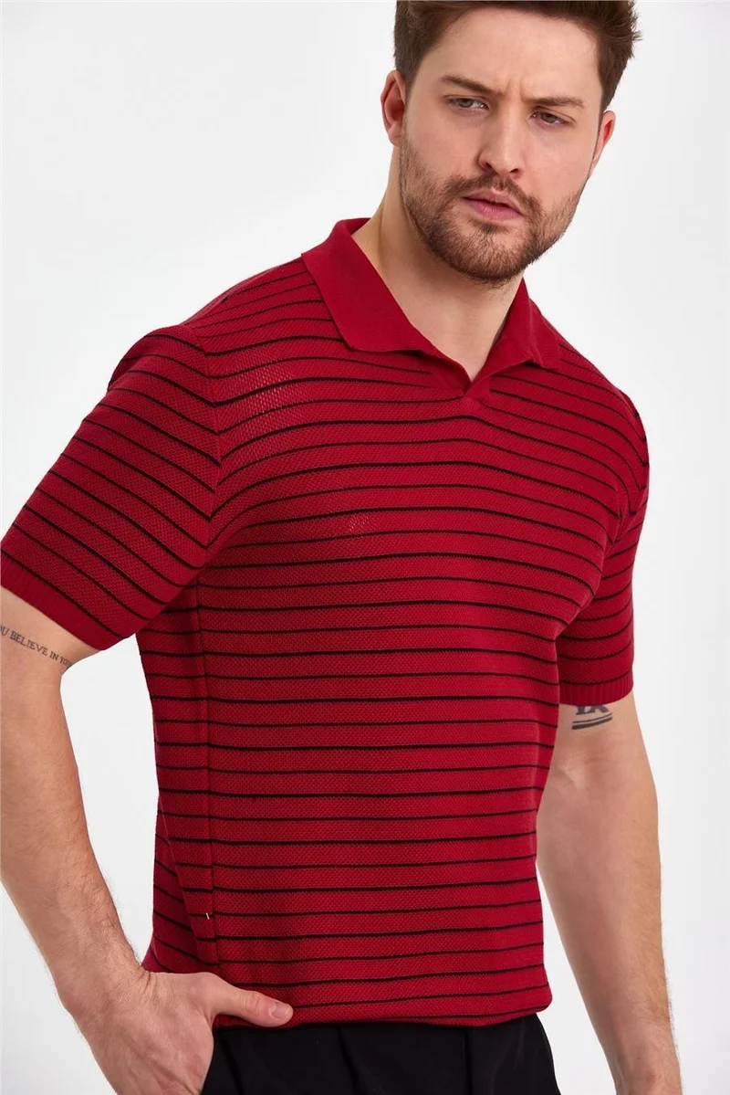 Cool Tarz Cool Style Claret Red Men's Polo Collar Striped Knitwear T-SHIRT-TRZ19124R04S