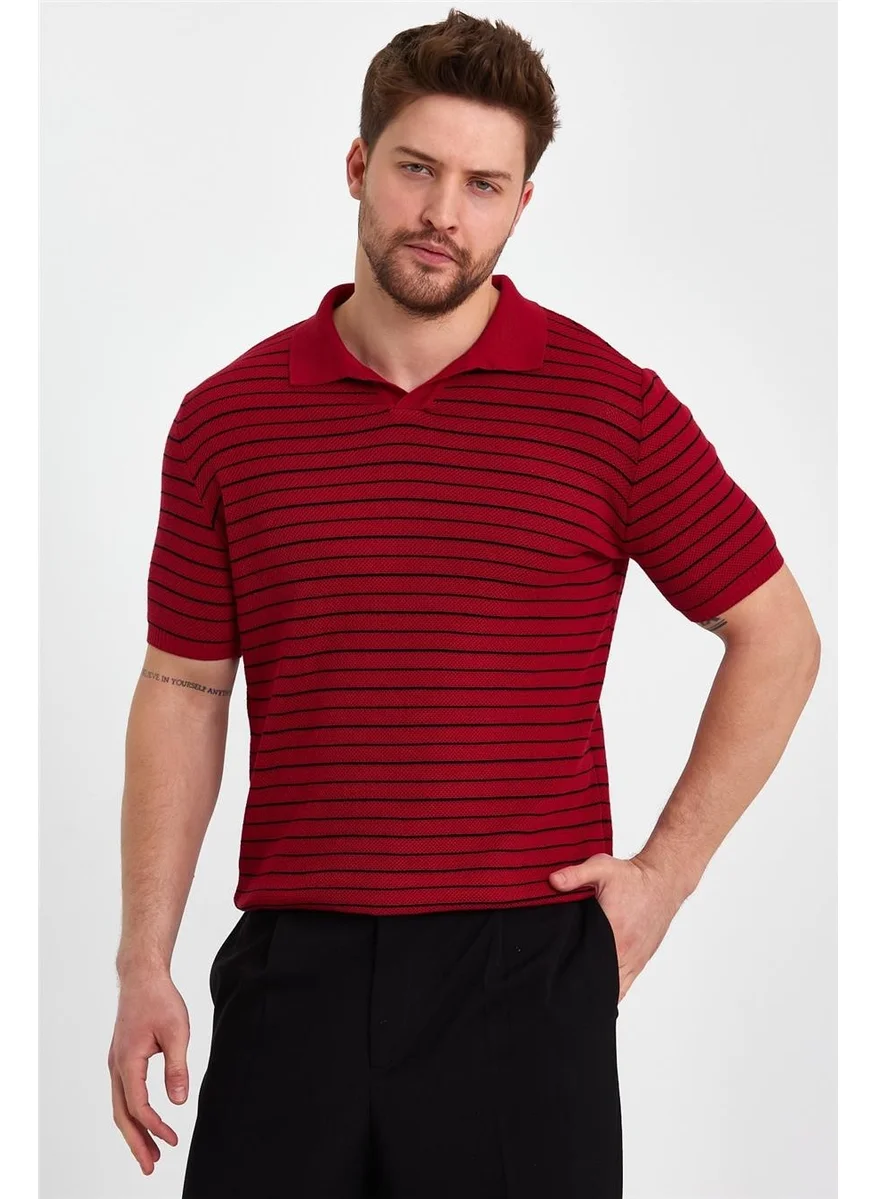 Cool Tarz Cool Style Claret Red Men's Polo Collar Striped Knitwear T-SHIRT-TRZ19124R04S