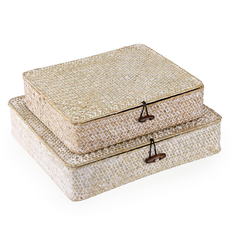Hipiwe Set of 2 Flat Woven Wicker Storage Bins with Lid Natural Seagrass Basket Boxes Multipurpose Home Organizer Bins Boxes for Shelf Organizer Whitewash