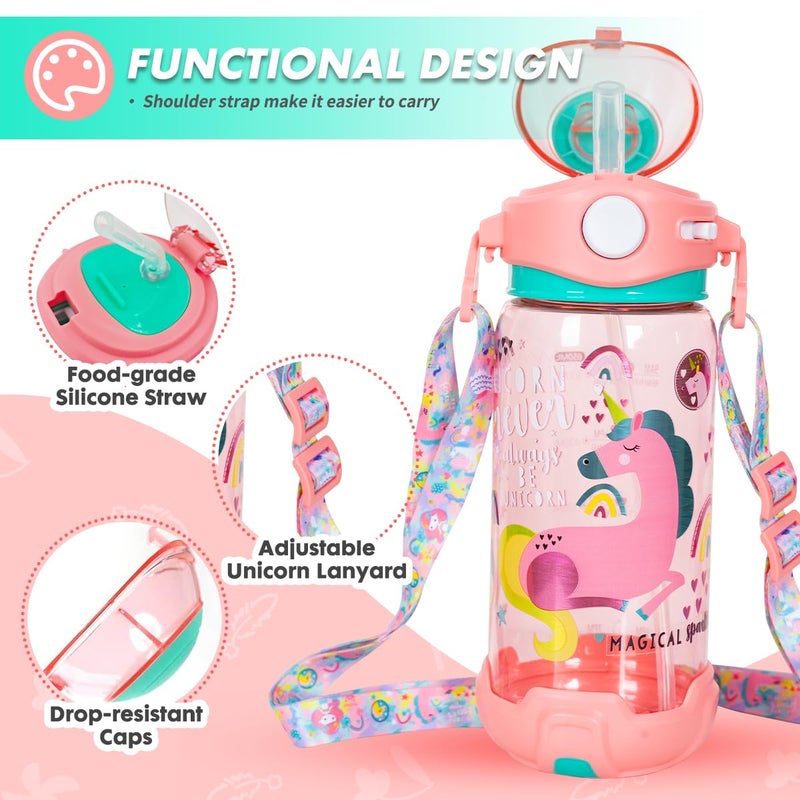 YOYTOO Kids Water Bottle with Straw & Strap for School Kids Girls Boys, 22oz BPA Free Child Drinking Water Bottle One-Click-Open Leak-Proof Locking Flip Lid for Back to School Sport Travel - Image 2
