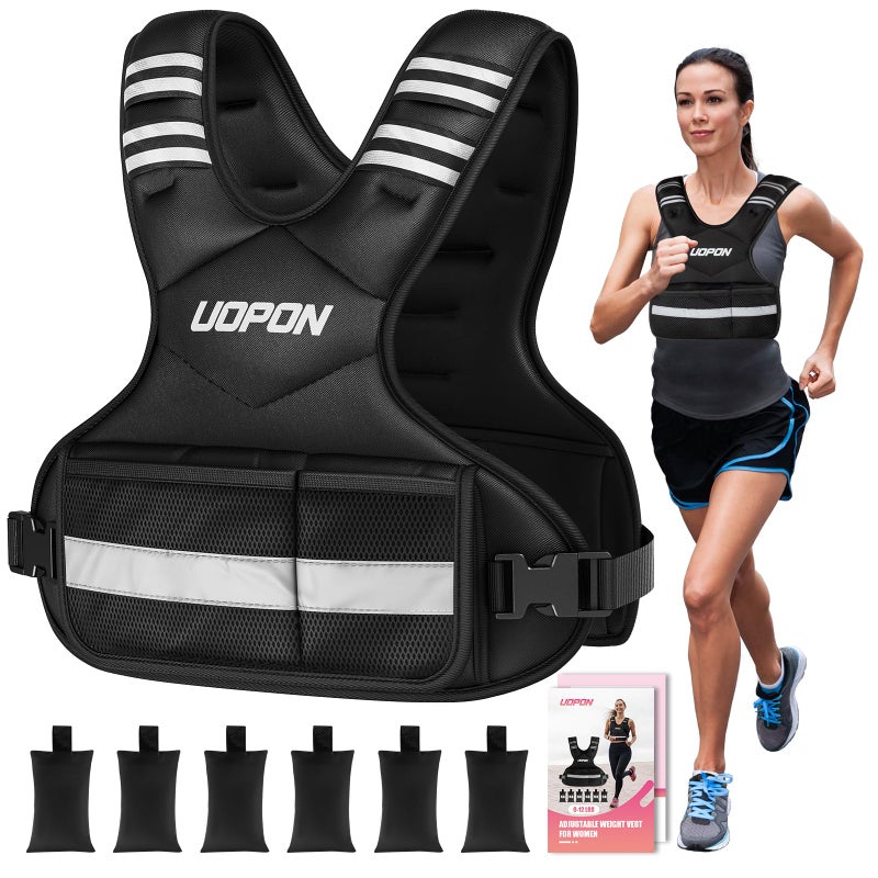 UOPON Adjustable Weighted Vest for Women, 6-12 Lbs Rucking Vest with 6 Ironsand Weights, Great Weighted Vest with Plus Pockets & Reflective Strips for Running, Walking, Workout and Strength Training - Image 1