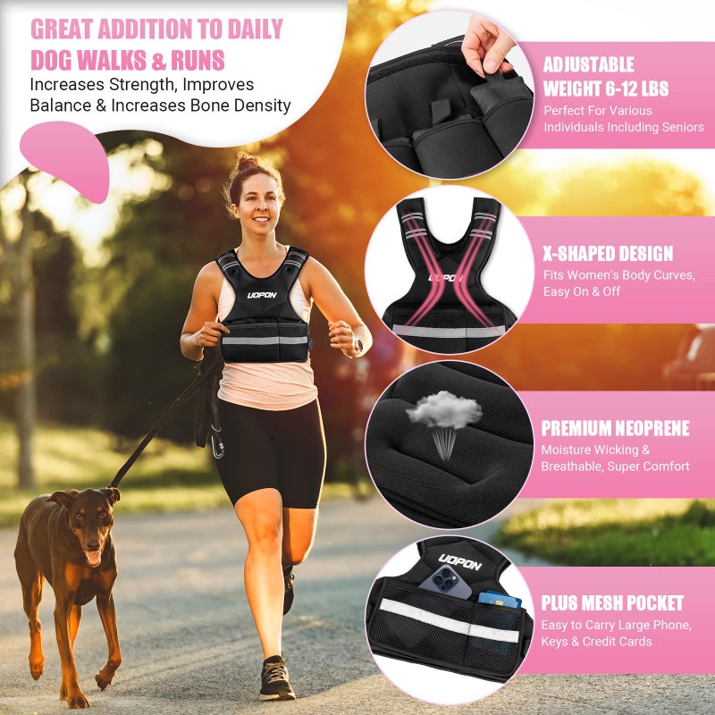 UOPON Adjustable Weighted Vest for Women, 6-12 Lbs Rucking Vest with 6 Ironsand Weights, Great Weighted Vest with Plus Pockets & Reflective Strips for Running, Walking, Workout and Strength Training - Image 2