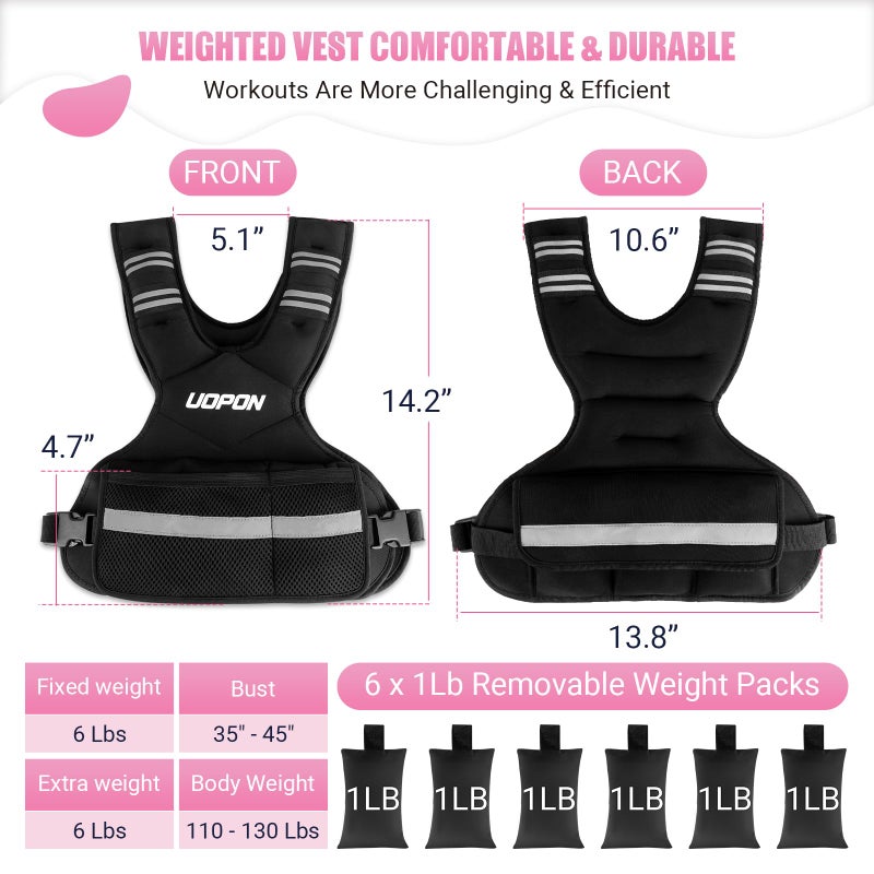 UOPON Adjustable Weighted Vest for Women, 6-12 Lbs Rucking Vest with 6 Ironsand Weights, Great Weighted Vest with Plus Pockets & Reflective Strips for Running, Walking, Workout and Strength Training - Image 3