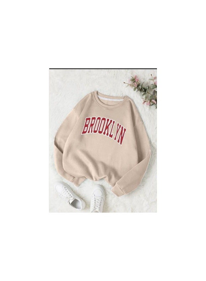 Women Hoodie Round Neck - Beige 