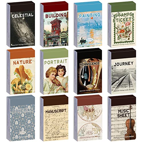 emmoolife 12 Sets 600 Sheets Washi Stickers for Journaling, Map Nature Celestial Portrait Boho Stickers Vintage Aesthetic Scrapbook Sticker Set for Bullet Journal Art Diary Card Craft Gifts Planner Notebook - Image 1