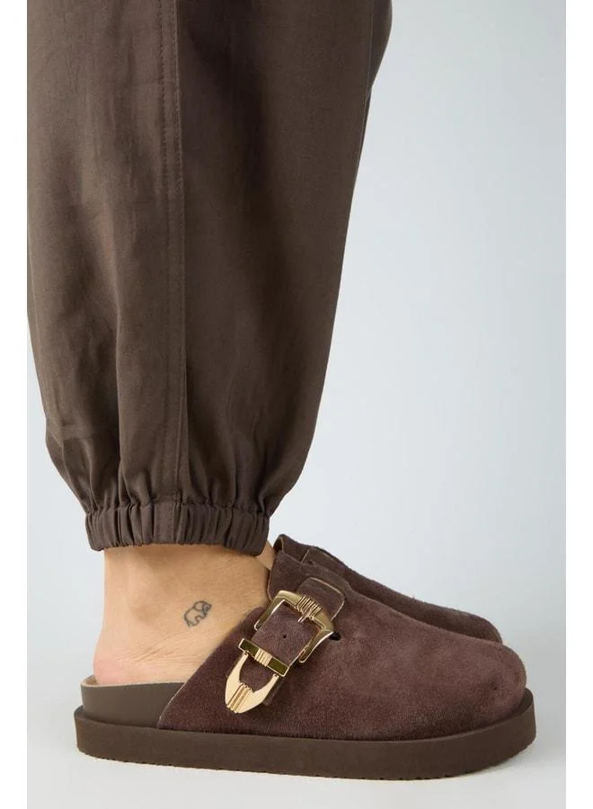 (Sofia) Women's Genuine Leather Sabo Platform Coffee Slipper.