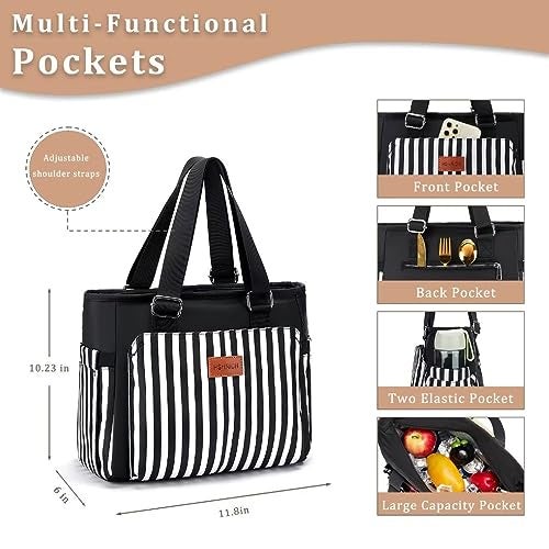 HSHRICH Large Women Lunch Bags for Work/Insulated Adult Lunch Box for Women/Leakproof Cooler Lunch Tote Bag with Storage Pocket. Reusable Lunch Cooler Purse for Work Picnic Hiking 12L, Black Stripes - Image 2