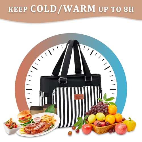 HSHRICH Large Women Lunch Bags for Work/Insulated Adult Lunch Box for Women/Leakproof Cooler Lunch Tote Bag with Storage Pocket. Reusable Lunch Cooler Purse for Work Picnic Hiking 12L, Black Stripes - Image 4