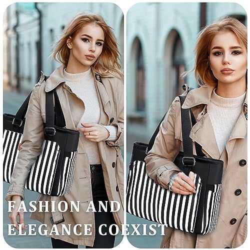 HSHRICH Large Women Lunch Bags for Work/Insulated Adult Lunch Box for Women/Leakproof Cooler Lunch Tote Bag with Storage Pocket. Reusable Lunch Cooler Purse for Work Picnic Hiking 12L, Black Stripes - Image 5