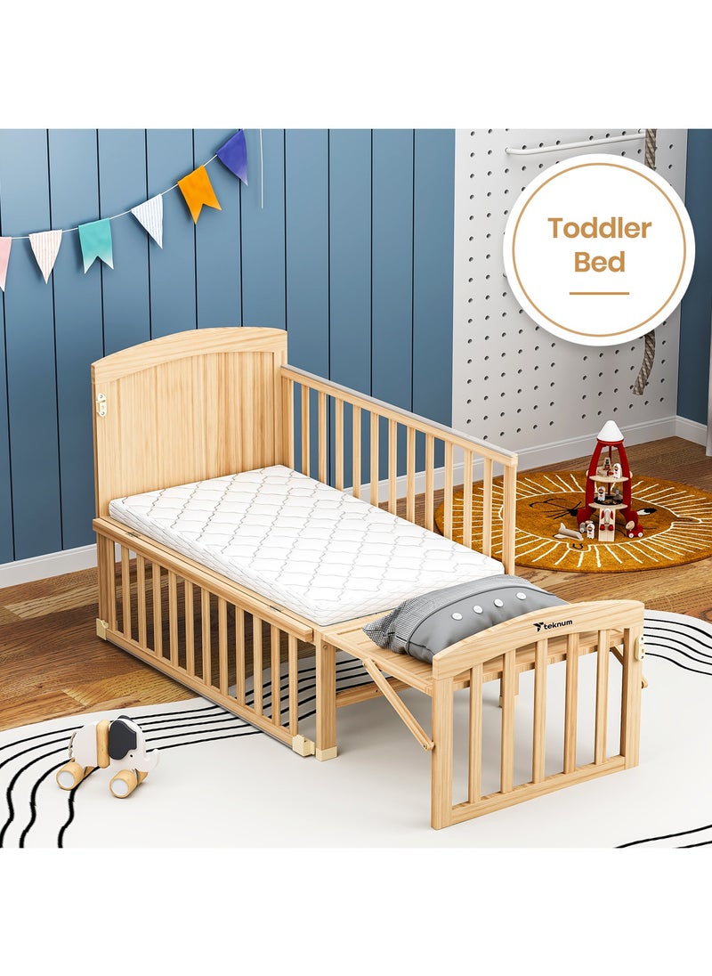 TEKNUM 7-In-1 Convertible Kids Bed, Bedside Crib With Mattress, Mosquito Net And Detachable Wheels, 0 - 12 Years - Natural Wood  - Image 4