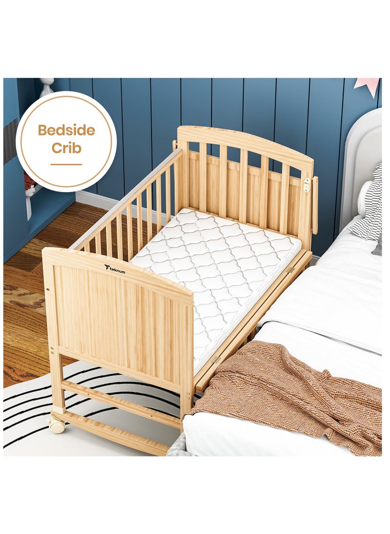 TEKNUM 7-In-1 Convertible Kids Bed, Bedside Crib With Mattress, Mosquito Net And Detachable Wheels, 0 - 12 Years - Natural Wood  - Image 5