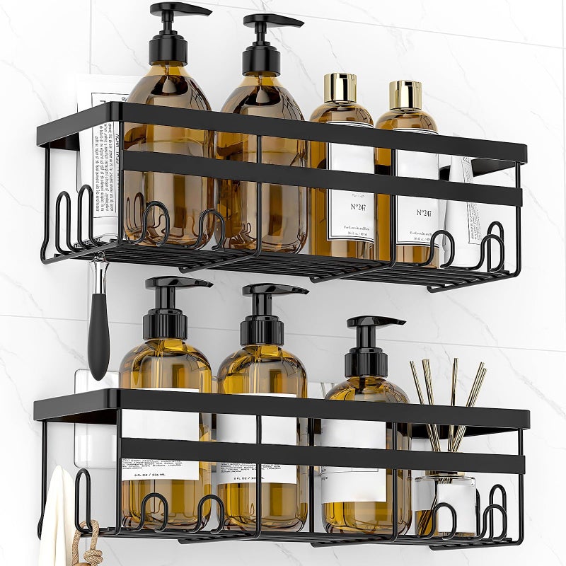 WOWBOX Shower Caddies 2 Pack - Adhesive Hanging Shower Shelf - Bathroom & Kitchen Organizers and Storage, No Drilling Stainless Shower Shelves for Home Decor Storage (Large), Black - Image 1
