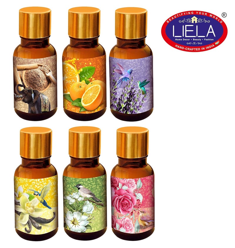 LIELA LIELA Aroma Fragrance Essential Oil Multipurpose Set of 6 Amber bottles with golden cap 120 ml 20 ml each in Pure Premium Fragrance Lavender Jasmine RoseSandal Orange Vanilla  - Image 2