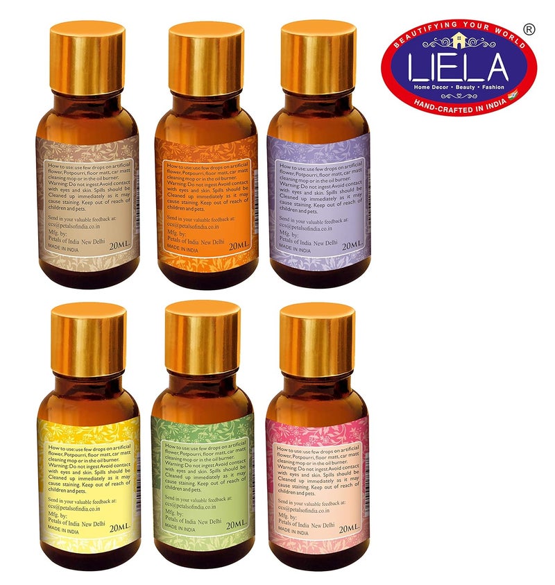 LIELA LIELA Aroma Fragrance Essential Oil Multipurpose Set of 6 Amber bottles with golden cap 120 ml 20 ml each in Pure Premium Fragrance Lavender Jasmine RoseSandal Orange Vanilla  - Image 3