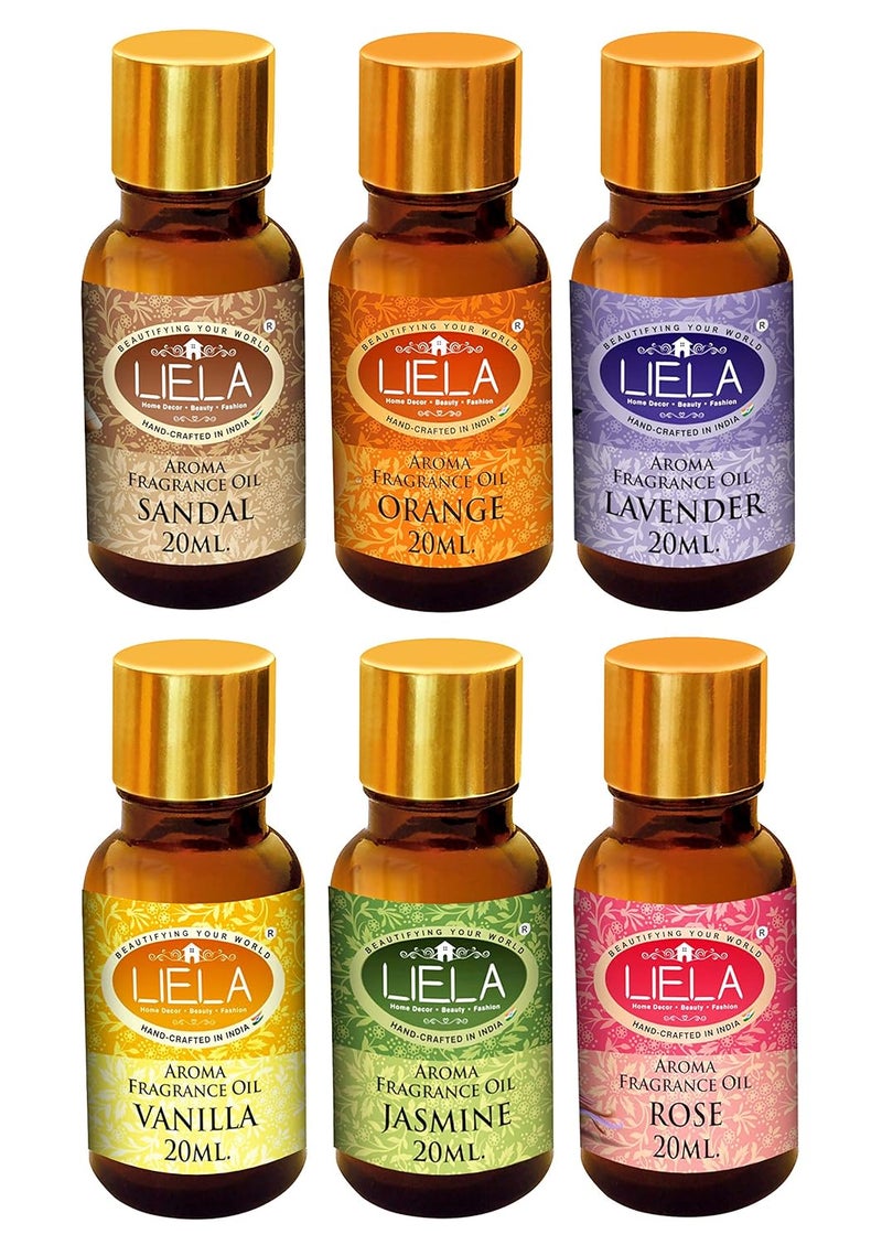LIELA LIELA Aroma Fragrance Essential Oil Multipurpose Set of 6 Amber bottles with golden cap 120 ml 20 ml each in Pure Premium Fragrance Lavender Jasmine RoseSandal Orange Vanilla  - Image 1