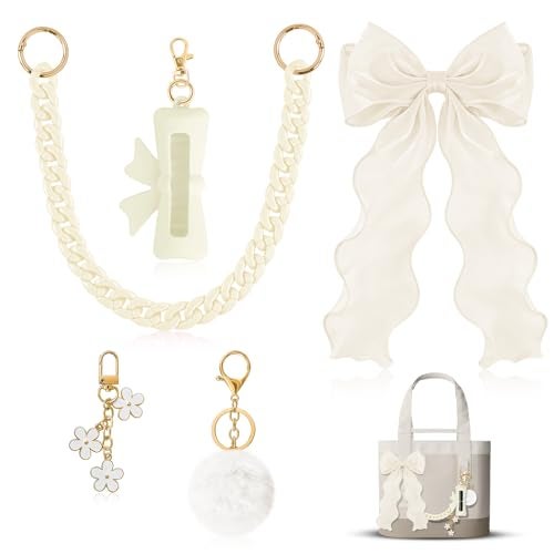 WUQID 5PCS Tote Bag Decor Kit, Decorative Bow, Bow Lipstick Holder, Flower Charm & Acrylic Chain & Pom Pom Ball Bag Charms Compatible with YETI Camino 20/35/50 Carryall, Bogg Bag Accessories for Women - Image 1