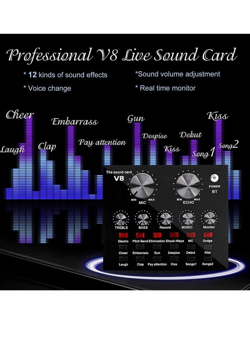 Microphone,Live Sound Card & BM800 Suspension Microphone Kit Broadcasting Recording Condenser Microphone Set Intelligent Volume Audio Mixer Sound Card for Computer PC Live Sound