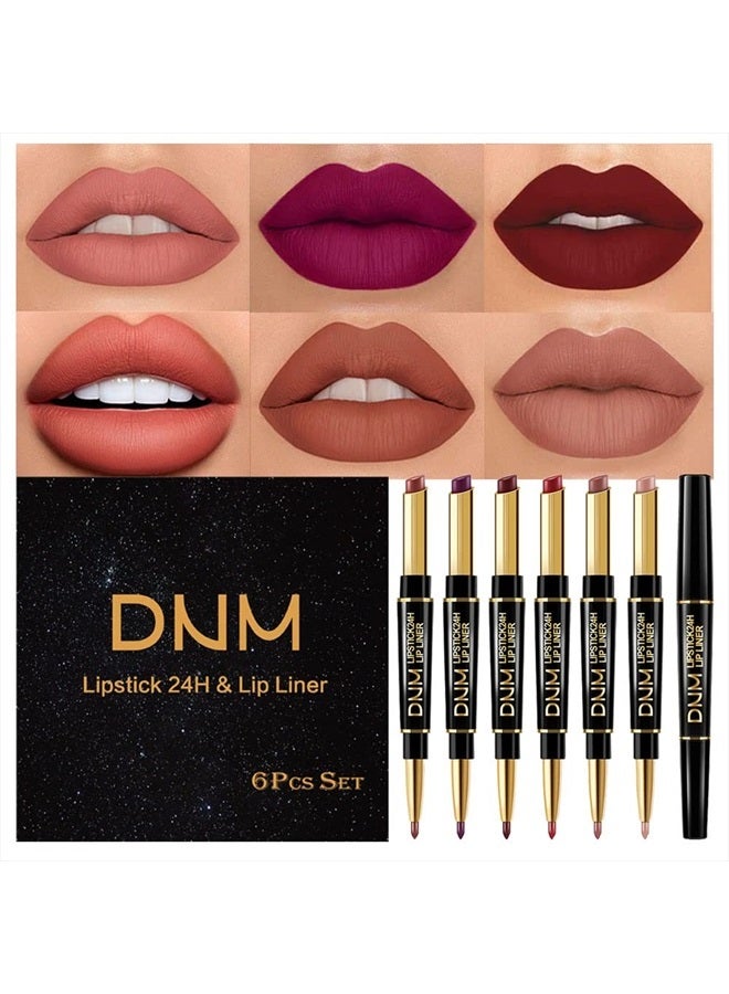 evpct 6Pcs Waterproof Lip Liner and with Lipstick Set Kit Last All Day DNM Chestnut Nude Dark Brown Matte Red 24 Hour Lipstick and Lip Liner Set long lasting 24 pen labiales mate 24 horas originales - Image 1
