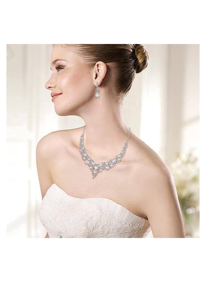 KASTWAVE 3/4 Pieces Women Jewelry Set, Rhinestone Crystal Bride Statement Choker Necklace Tiara Crown Link Bangle Bracelet Teardrop Dangle Earrings Set for Wedding Party - Image 5