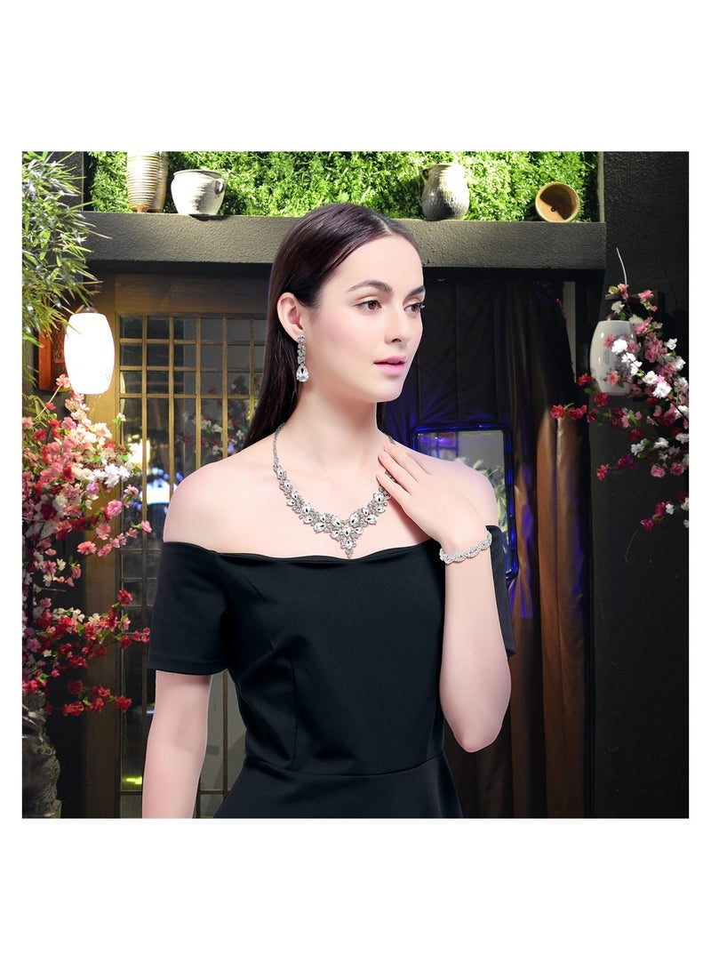 KASTWAVE 3/4 Pieces Women Jewelry Set, Rhinestone Crystal Bride Statement Choker Necklace Tiara Crown Link Bangle Bracelet Teardrop Dangle Earrings Set for Wedding Party - Image 2