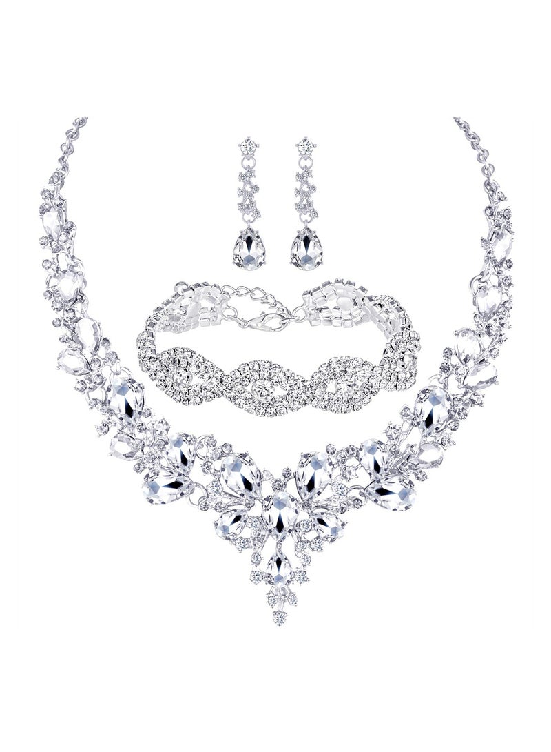 KASTWAVE 3/4 Pieces Women Jewelry Set, Rhinestone Crystal Bride Statement Choker Necklace Tiara Crown Link Bangle Bracelet Teardrop Dangle Earrings Set for Wedding Party - Image 1