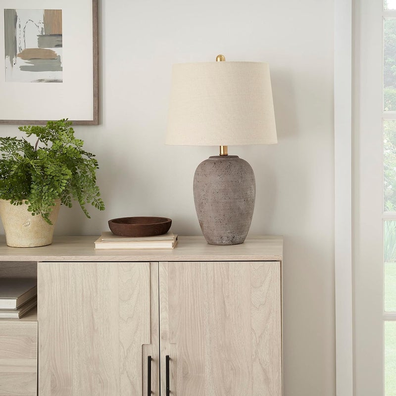 Nourison 23" Earth Brown Rustic Ceramic Jar Table Lamp with Beige Tapered Drum Shade - Image 3