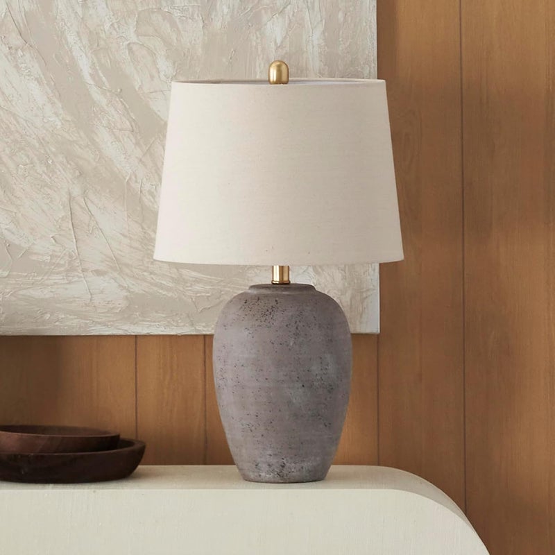 Nourison 23" Earth Brown Rustic Ceramic Jar Table Lamp with Beige Tapered Drum Shade - Image 1