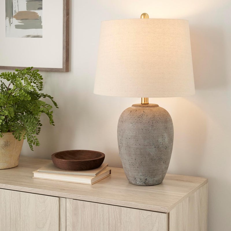 Nourison 23" Earth Brown Rustic Ceramic Jar Table Lamp with Beige Tapered Drum Shade - Image 4