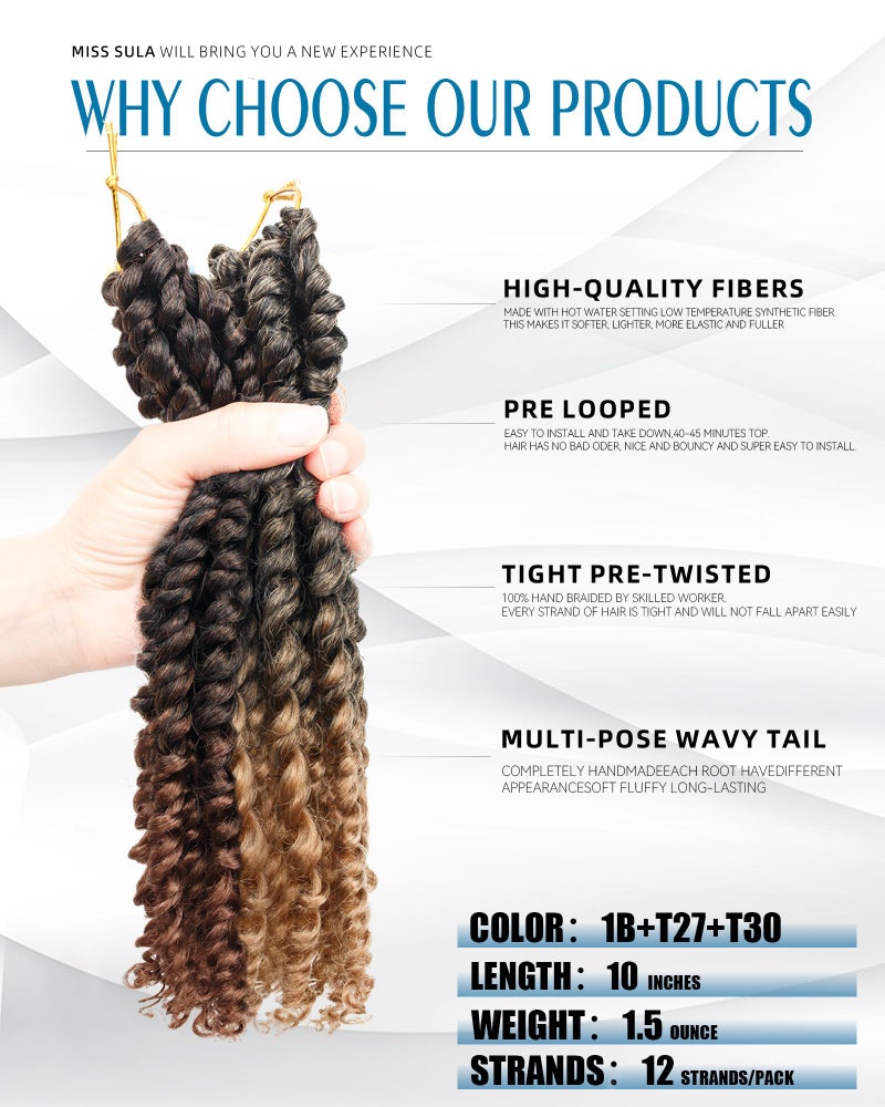 Miss Sula Passion Twist Crochet Hair-Mixed Color Combo Pack(6 packs 1B+1 pack T1B/27+1 pack T1B/30),Pre-twisted Pre Looped Synthetic Braided Hair Extensions For Black Women and Kids(10"-8 Packs,1B+T27+T30) - Image 2