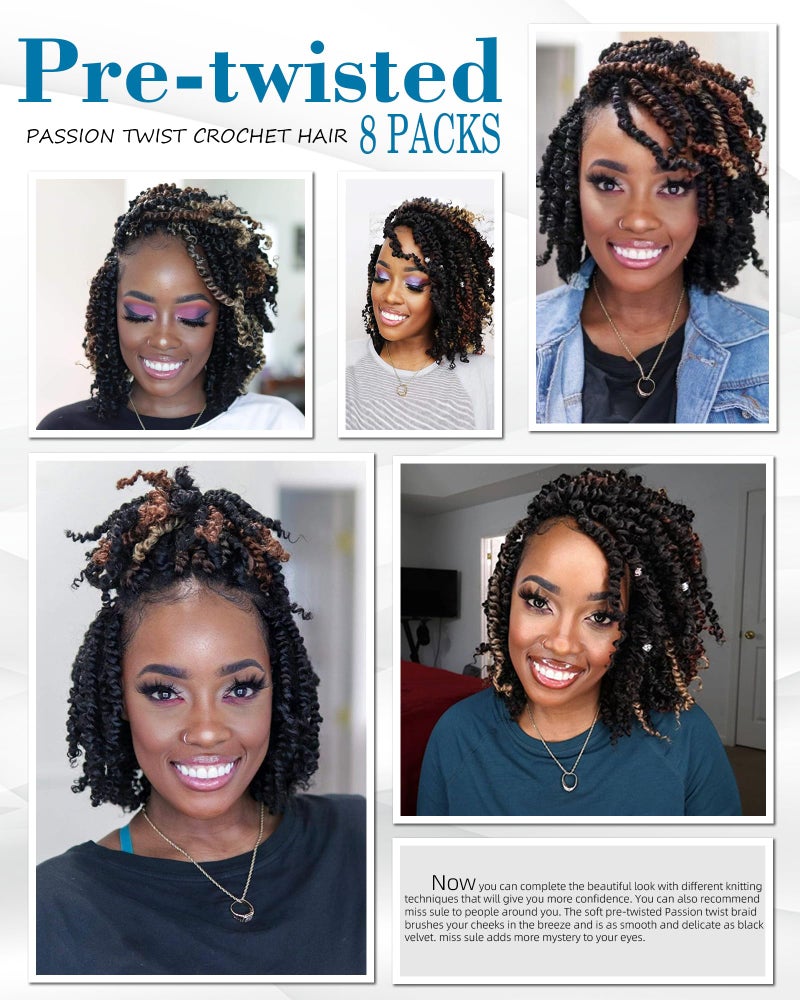 Miss Sula Passion Twist Crochet Hair-Mixed Color Combo Pack(6 packs 1B+1 pack T1B/27+1 pack T1B/30),Pre-twisted Pre Looped Synthetic Braided Hair Extensions For Black Women and Kids(10"-8 Packs,1B+T27+T30) - Image 5