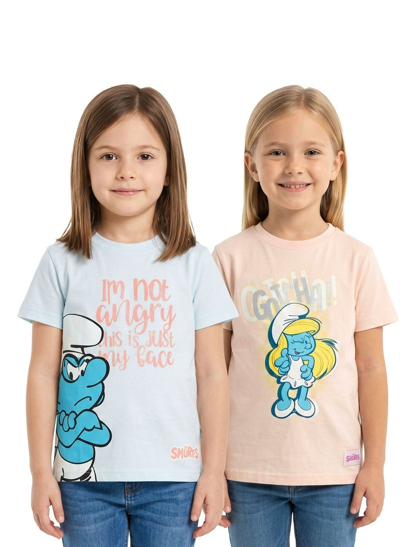 The Smurfs Girls’ Graphic T-Shirt Pack of 2– Smurfette Short-Sleeve Crew-Neck Cartoon Casual Top - Image 1