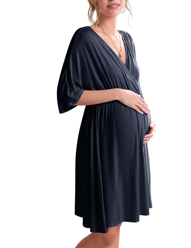 Ekouaer 3 in 1 Labor/Delivery/Hospital Gown Maternity Dress Nursing Nightgown Sleepwear for Breastfeeding, Navy Blue, Medium - Image 1