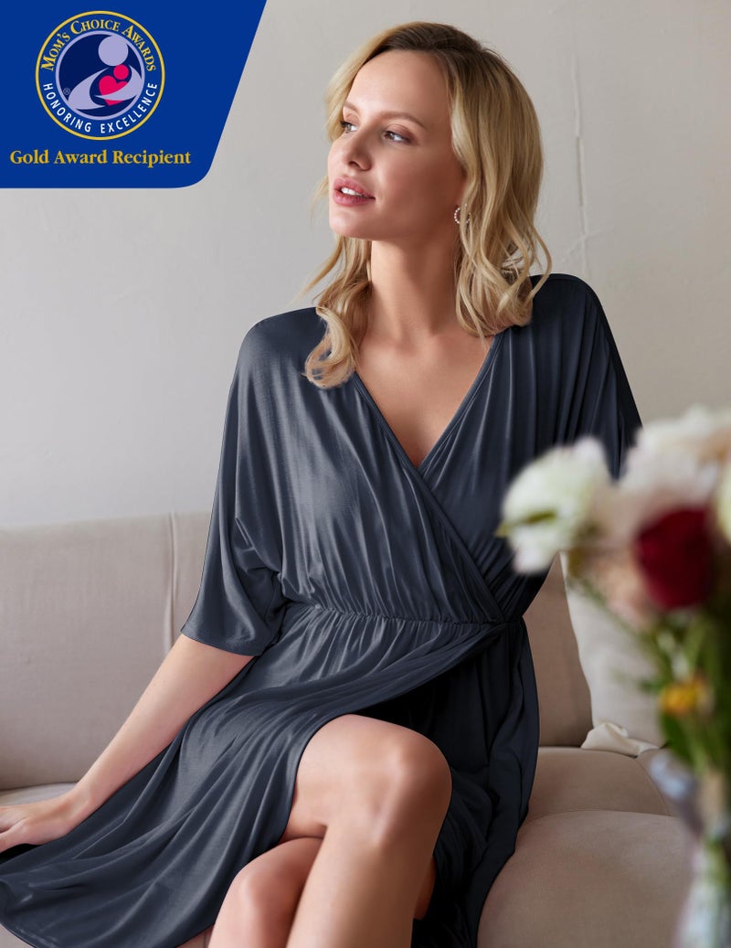 Ekouaer 3 in 1 Labor/Delivery/Hospital Gown Maternity Dress Nursing Nightgown Sleepwear for Breastfeeding, Navy Blue, Medium - Image 2