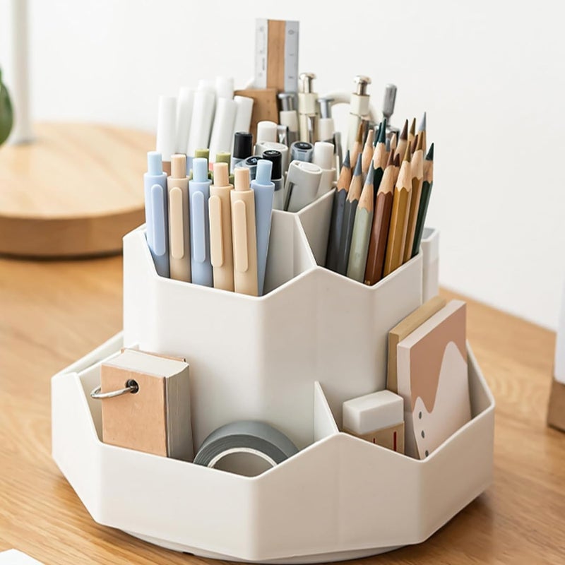 GROFFY Pencil Pen Holder for Desk,9 Slots 360 Degree Rotating Desk Organizers,Desktop Storage Stationery Supplies Organizer, Cute Pencil Cup Pot For Office, School, Home (White) - Image 1