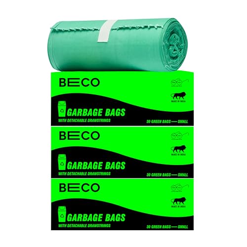 Beco Eco-Friendly Garbage Bags | 90 Pcs | Small- 17 x 19 Inches | 30 Bags x 3 Rolls | Green | Dustbin/Trash Bags with Detachable Drawstrings | For Dry & Wet waste - Image 1