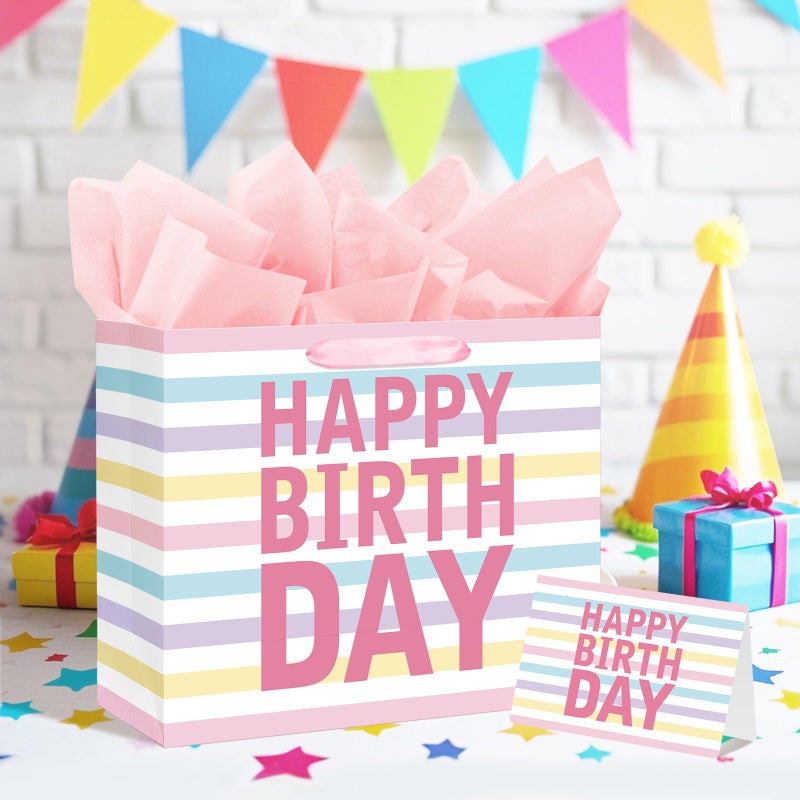 Laidans 13" Large Happy Birthday Gift Bag with Handles and Tissue Paper, Cards for Girls Women Birthday Party Favors Wrap, Kids Parties, Mother's Day (Large Colorful) - Image 5