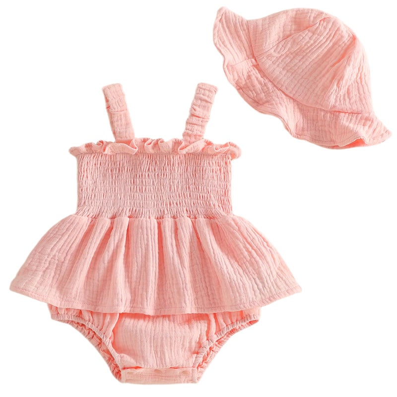 Mubineo Baby Girl Clothes Summer Dress Cotton Linen Romper Sleeveless Smocked Rompers Sun Dress Hat Skirt Boho Outfits (Solid Pink, 6-9 Months) - Image 1