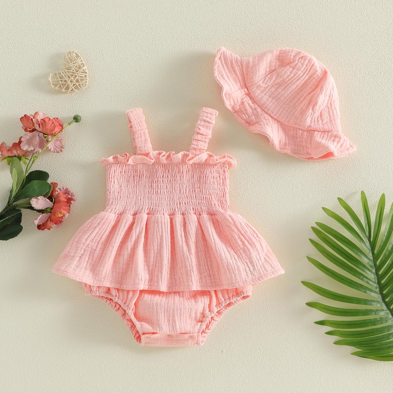 Mubineo Baby Girl Clothes Summer Dress Cotton Linen Romper Sleeveless Smocked Rompers Sun Dress Hat Skirt Boho Outfits (Solid Pink, 6-9 Months) - Image 3