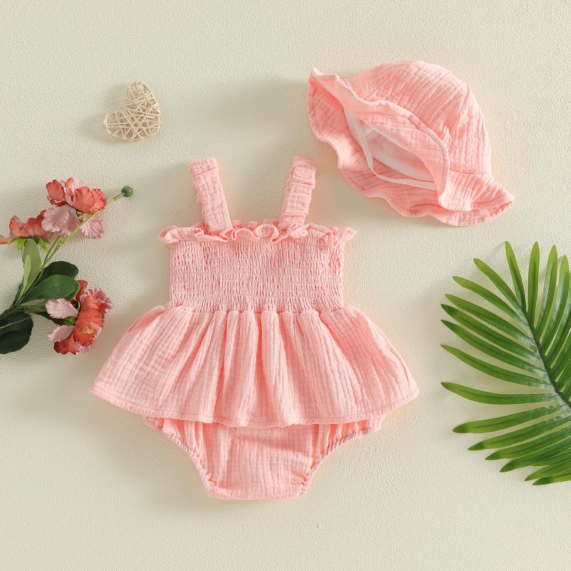 Mubineo Baby Girl Clothes Summer Dress Cotton Linen Romper Sleeveless Smocked Rompers Sun Dress Hat Skirt Boho Outfits (Solid Pink, 6-9 Months) - Image 4