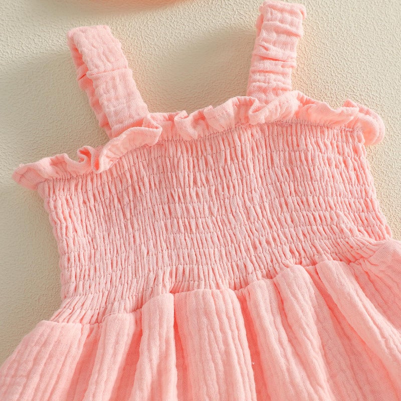 Mubineo Baby Girl Clothes Summer Dress Cotton Linen Romper Sleeveless Smocked Rompers Sun Dress Hat Skirt Boho Outfits (Solid Pink, 6-9 Months) - Image 5