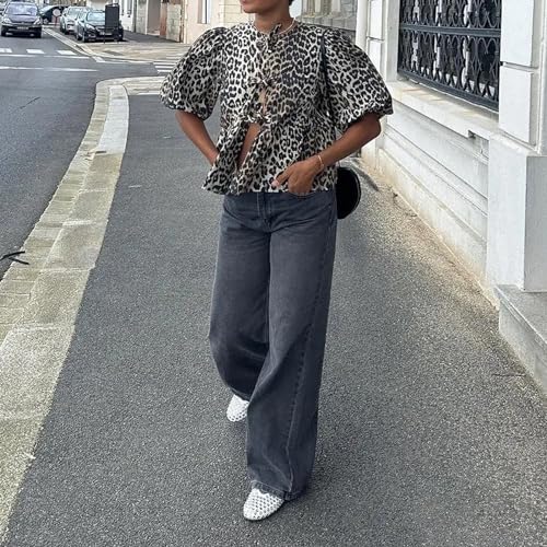 MANGMAO Tie Front Tops Women Y2k Leopard Print Peplum Babydoll Top 3/4 Length Puff Sleeve Coquette Tops Cute Going Out Tops - Image 2