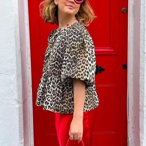 MANGMAO Tie Front Tops Women Y2k Leopard Print Peplum Babydoll Top 3/4 Length Puff Sleeve Coquette Tops Cute Going Out Tops - Image 3