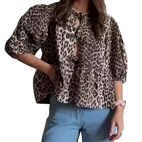 MANGMAO Tie Front Tops Women Y2k Leopard Print Peplum Babydoll Top 3/4 Length Puff Sleeve Coquette Tops Cute Going Out Tops - Image 1