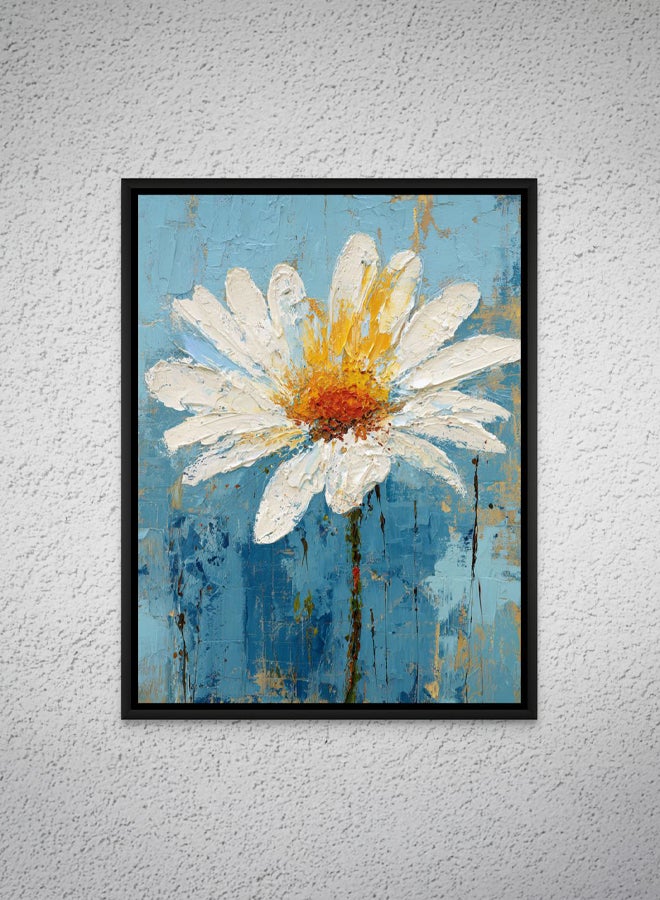 Art Decor Framed Canvas Portrait Print of White Daisy Flower on Blue Background, Modern Abstract Botanical Art, Living Room Bedroom Office Wall Décor - Image 1