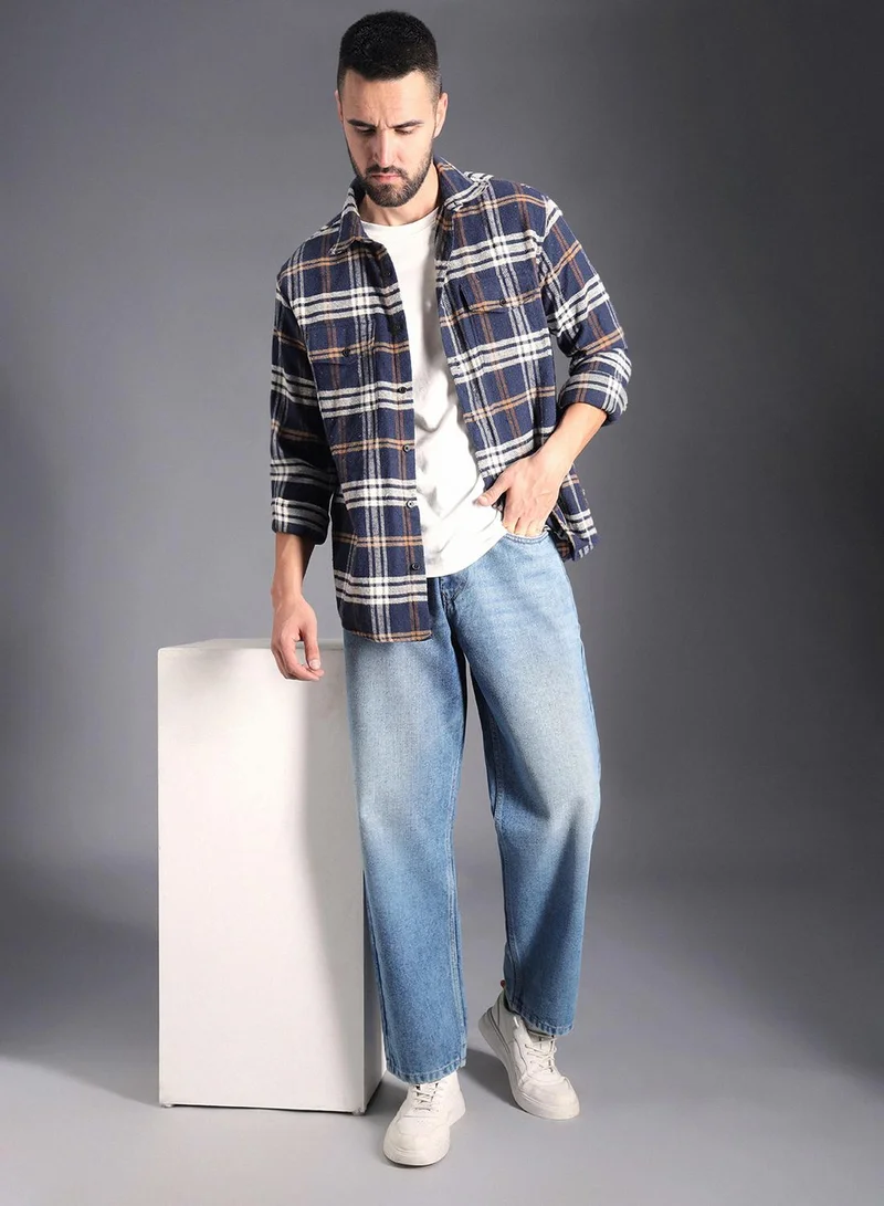 هاي ستار جينز رجالي واسع الساق بالكامل بلون نيلي قطن % مبيض