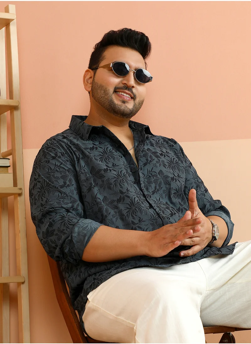 Instafab Plus Instafab Plus Men's Charcoal Grey Botanical-Jacquard Shirt For Casual Wear | Spread Collar | Long Cuffed Sleeves | Button Closure | Plus Size Shirt Crafted With Comfort Fit For Everyday Wear
