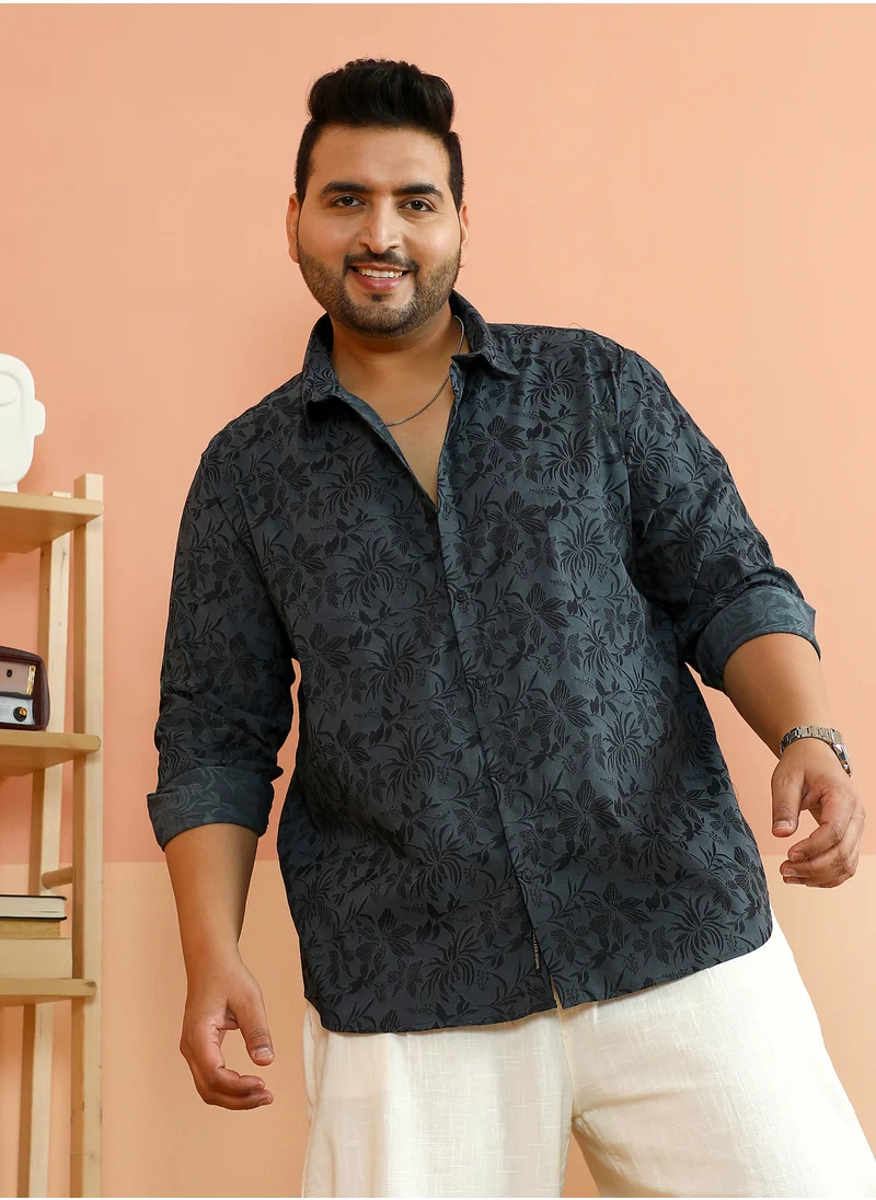 Instafab Plus Instafab Plus Men's Charcoal Grey Botanical-Jacquard Shirt For Casual Wear | Spread Collar | Long Cuffed Sleeves | Button Closure | Plus Size Shirt Crafted With Comfort Fit For Everyday Wear