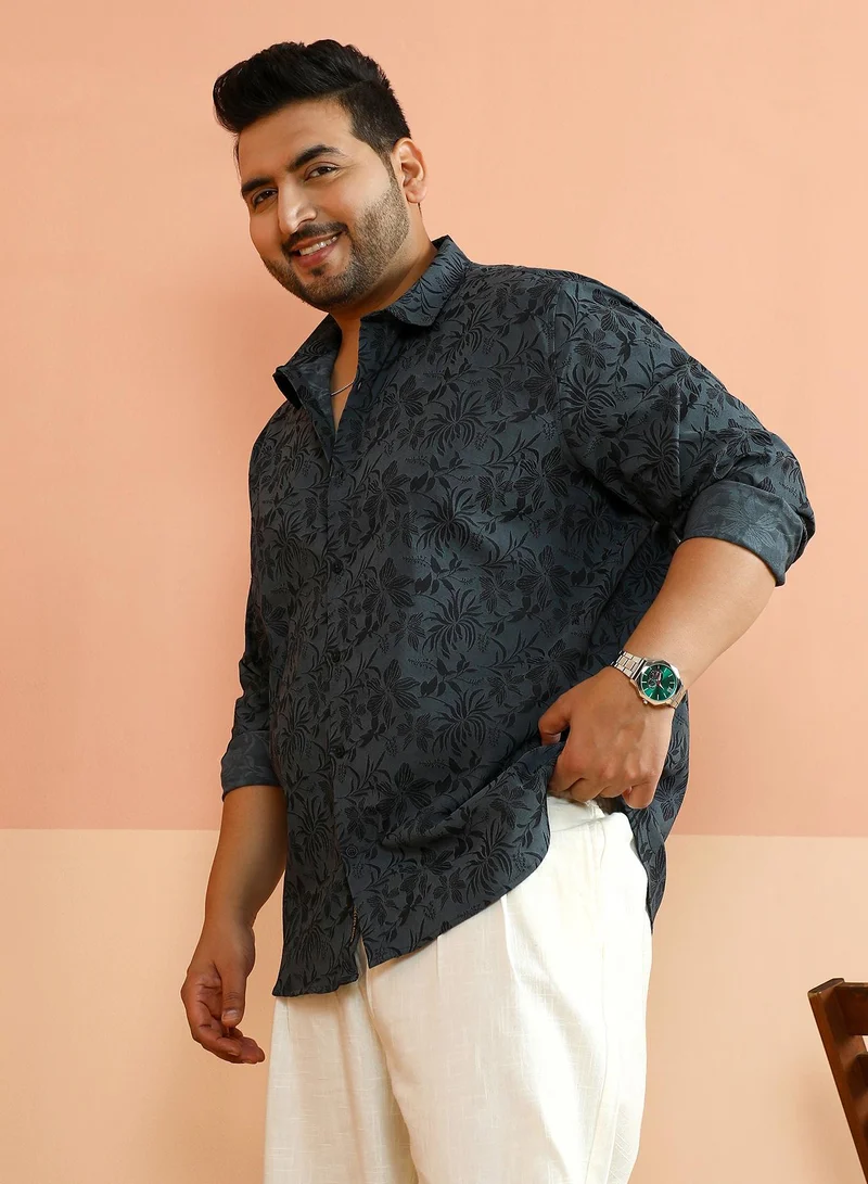 Instafab Plus Instafab Plus Men's Charcoal Grey Botanical-Jacquard Shirt For Casual Wear | Spread Collar | Long Cuffed Sleeves | Button Closure | Plus Size Shirt Crafted With Comfort Fit For Everyday Wear