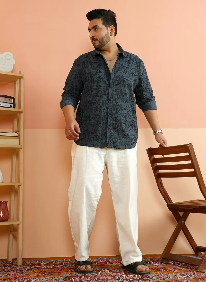 Instafab Plus Instafab Plus Men's Charcoal Grey Botanical-Jacquard Shirt For Casual Wear | Spread Collar | Long Cuffed Sleeves | Button Closure | Plus Size Shirt Crafted With Comfort Fit For Everyday Wear
